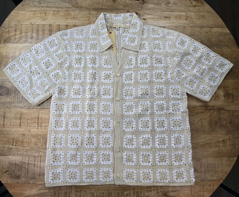 Sandstone Crochet Knit Cardigan Sweater Men’s L Beige White Resort Shirt NWT